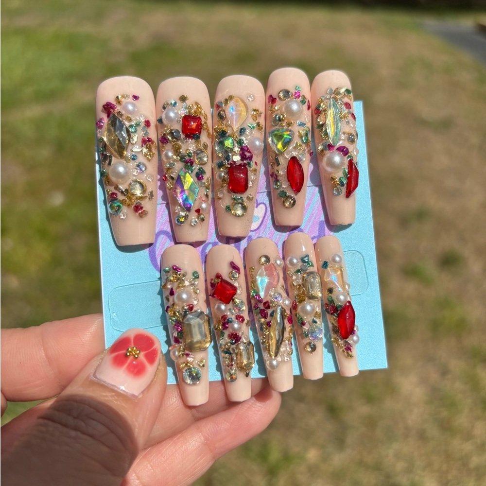 Embellished Nude Press-On Nails, XL Long Coffin Nails
